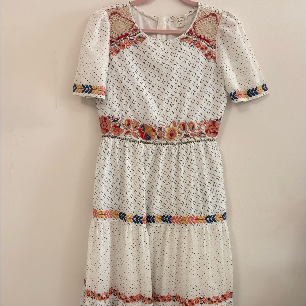 Böhme Embroidered Maxi Dress M – Boho Lace Trim Ivory Floral Festival